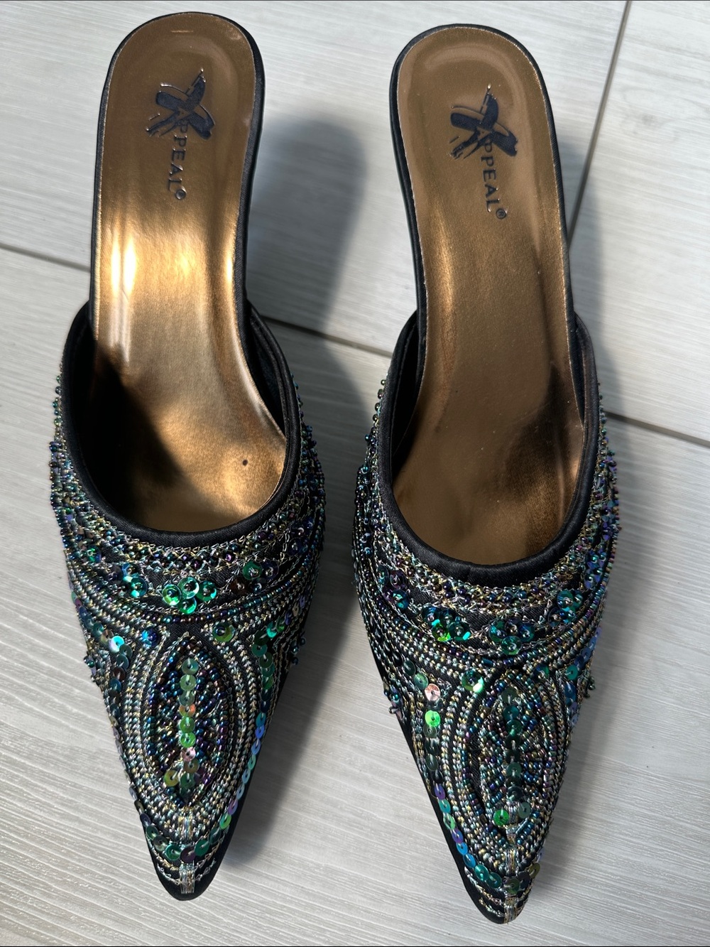 Xappeal Black Pointed Toe Beaded Slip-On Mules with Iridescent Sequins